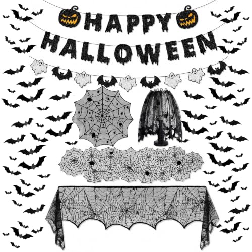 Halloween Indoor Decorations Set with Webs, Bat Stickers & Table Runners
