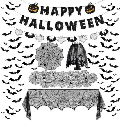 Halloween Indoor Decorations Set with Webs, Bat Stickers & Table Runners