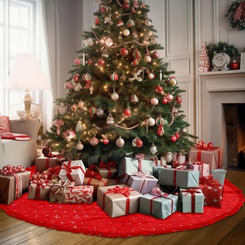 Libima 70 Inch Christmas Tree Skirt Red Faux Fur Sequin Embroidered - Silver Elegant Variation