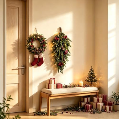 Pre-lit Cypress Teardrop Swag with Lights, Pinecones & Berries - Indoor Outdoor Christmas Decor