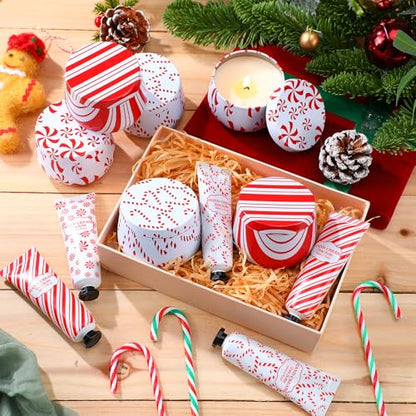 Candy Cane Scented Christmas Gift Set - 6 Candles & Hand Cream for Women - Peppermint Holiday Bulk