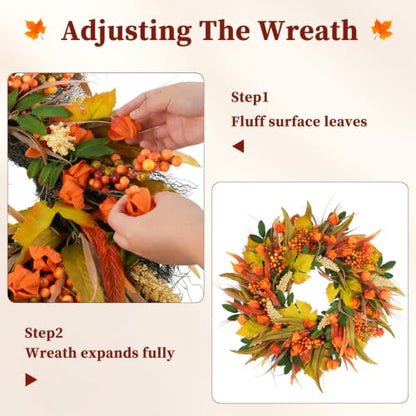 22 Inch Fall Harvest Wreath with Lantern Flowers and Wheat - Front Door Decor