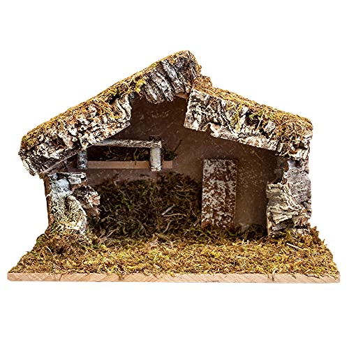 Handmade Wooden Nativity Stable with Moss for Christmas Scene - 12x7x9 Inches