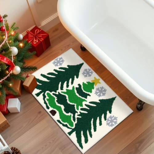Christmas Bathroom Rug - Green Tree Christmas Decor, Non-Slip Xmas Mat