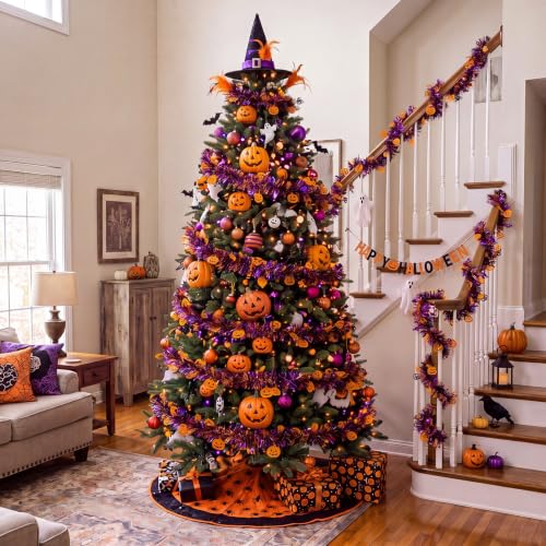 Halloween Garland Glitter Tinsel 100ft for Decoration - Orange Purple Black