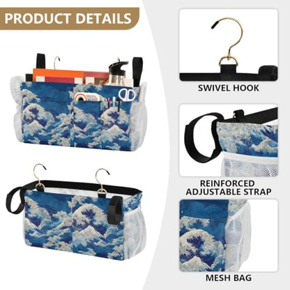 Deep Blue Sea Waves Bedside Caddy Organizer Hanging with 6 Pockets for Dorm Bed Bunk Rooms