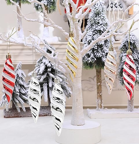 DAHI Silver Christmas Spiral Ornaments Set 12pcs Shatterproof Plastic Holiday Decor