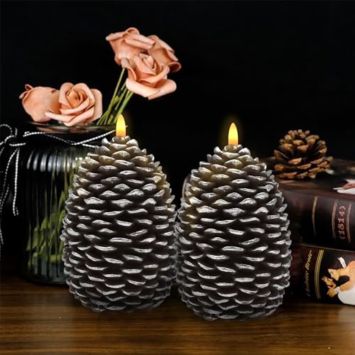 Silver Large Pine Cone Candles Battery Operated Flameless Flickering with Remote