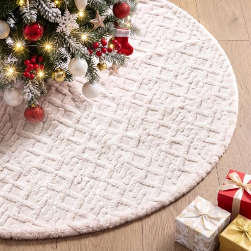 Lanpn Christmas Tree Skirt 71 Inch Faux Fur Xmas Mat with Rhombus Plush for Extra Large Trees Beige 180cm