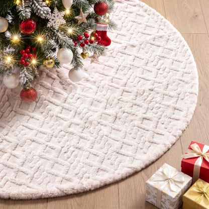 Lanpn Christmas Tree Skirt 71 Inch Faux Fur Xmas Mat with Rhombus Plush for Extra Large Trees Beige 180cm