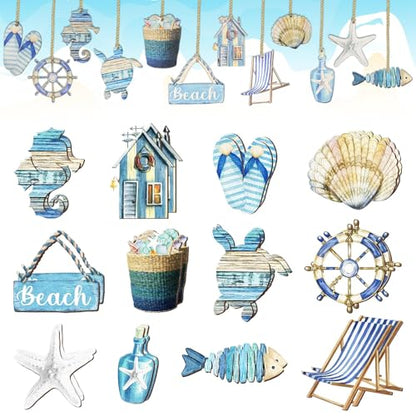 Summer Wooden Hanging Ornaments - Ocean Beach Tropical Decor - Blue