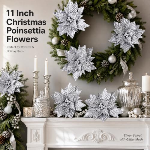 Artificial Poinsettia Flower for Christmas Tree Decoration - Silver, 11 Inch