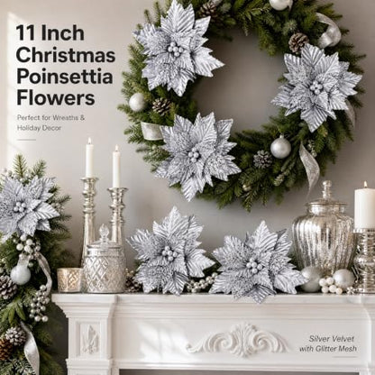 Artificial Poinsettia Flower for Christmas Tree Decoration - Silver, 11 Inch