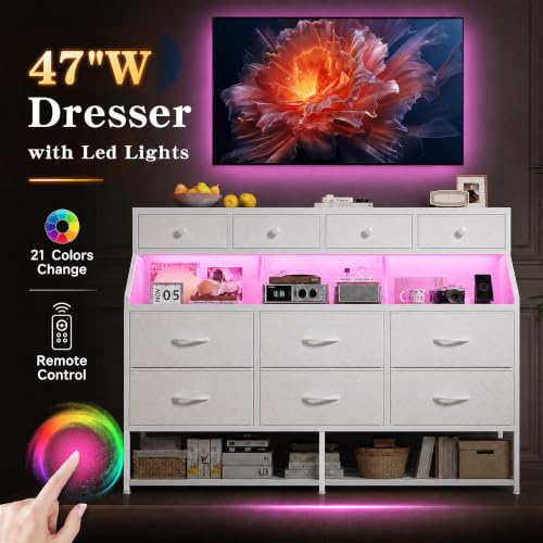 2-in-1 Dresser with 10 Drawers, Shoe Rack & LED Lighting - White Variation