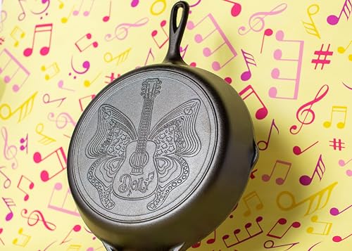 Lodge 12 Inch Dolly Parton Pre-Seasoned Cast Iron Stamped Skillet - Signature Teardrop Handle - Use in the Oven, on the Stove, on the Grill, or Over a Campfire, Black