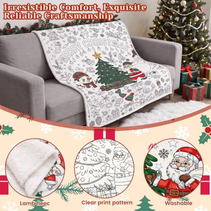 Christmas DIY Coloring Blanket Set for Adults & Kids - Cozy Washable Throw with Markers