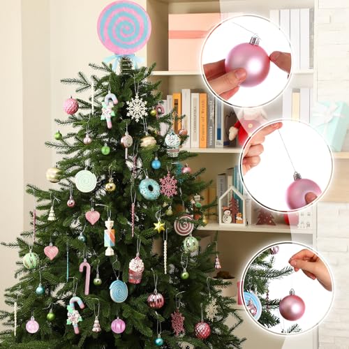 Pastel Christmas Tree Ornaments Set with Candyland Decorations - 82 Pieces