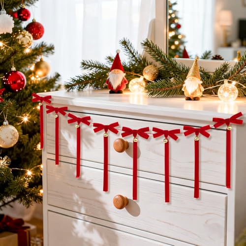 Christmas Velvet Bow Garland with Bells - Red Ribbon Holiday Decor