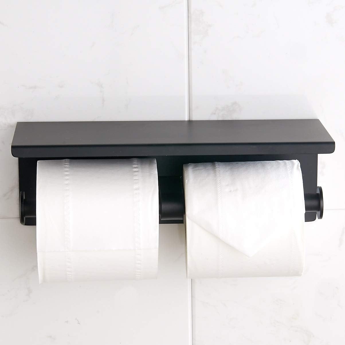 BGL 304 Stainless Steel Double Toilet Paper Holder - Matte Black Wall-Mounted Design with Shelf