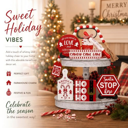 Christmas Tiered Tray Decor Set - Wooden Holiday Tabletop Signs, 7 Pieces