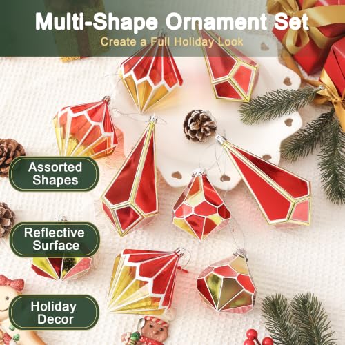 Christmas Tree Ornaments Set - Red and Gold Geometric Shatterproof Decorations, 9 pcs - Holiday Home Decor