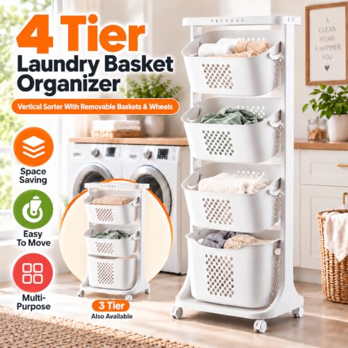 4 Tier Vertical Laundry Basket Organizer with Wheels - Space Saving Hamper