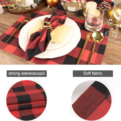 BETRIC Christmas Plaid Cloth Napkins Set of 12 - 20 x 20 Inch Red & Black