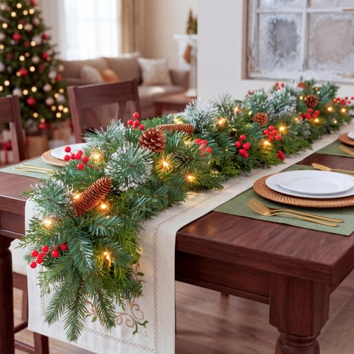 Holly Berries Christmas Garland 9FT Prelit with String Lights for Indoor & Outdoor Decor