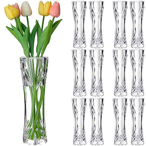 Stylish 12 Pack Acrylic Bud Vases - Clear Small Flower Vase 2.17 x 6.54 Inch for Centerpiece & Home Decor