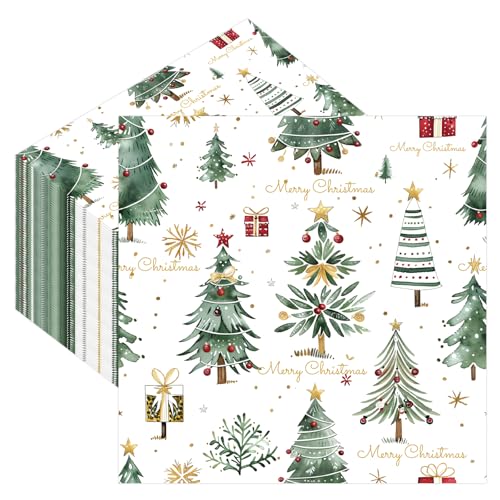 Christmas Paper Napkins 50pcs Watercolor Tree Design 6.5 Inch Disposable Holiday Party Supplies - Xmas Tree Variation