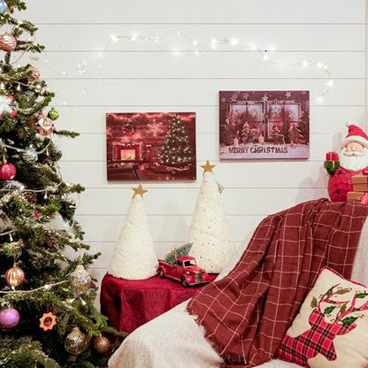 LED Christmas Canvas Wall Art - Snowy Scene with Fireplace & Pine Tree - Battery Operated Holiday Decor