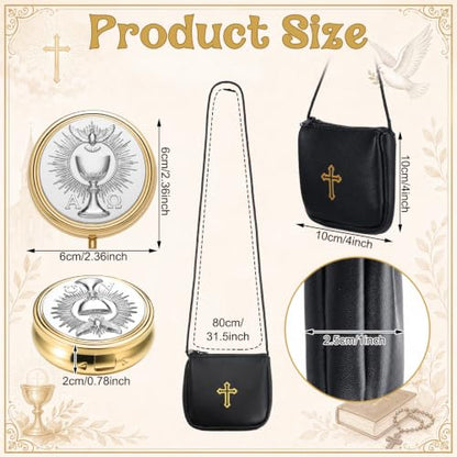 Catholic Communion Pyx Set with Leather Burse - Square, Gold Cross Design