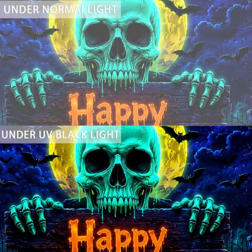 UV Reactive Halloween Tapestry Wall Hanging with Skull Pumpkin Design - Large 78x59 Inches