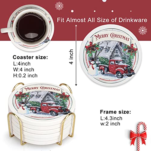 Ceramic Christmas Absorbent Coasters Set of 6 with Car Design and Cork Bottom