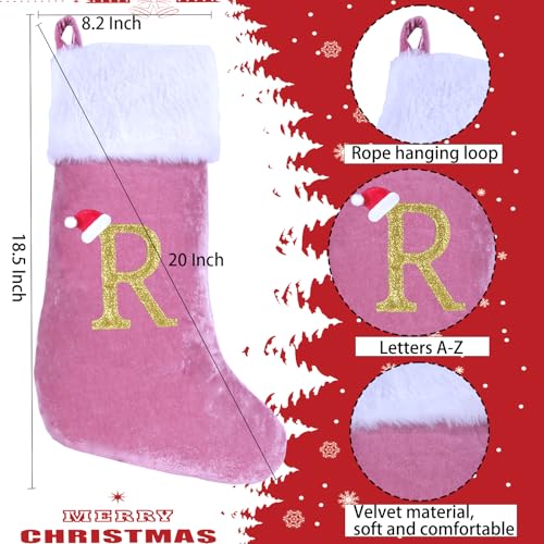 Pink Velvet Monogram Christmas Stocking with White Plush Cuff - Letter R, 20 Inches