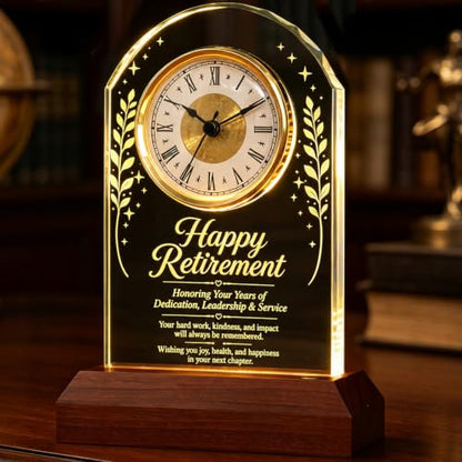 Retirement Gift Crystal Clock with Wooden LED Light Base - Engraved Keepsake Plaque for Boss, Teacher, Nurse, Doctor