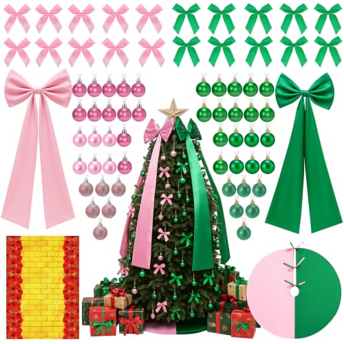 Pink and Green Christmas Tree Decorations Set with Skirt, Bows & Ornaments