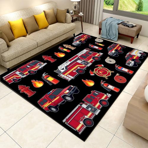 Fire Engine Theme Area Rug for Kids Playroom 4x5ft - Red Firefighter Rescue Carpet