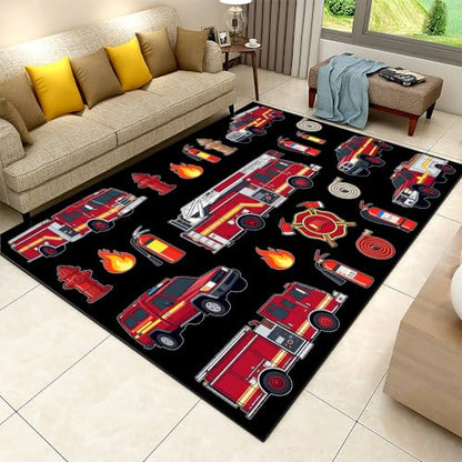 Fire Engine Theme Area Rug for Kids Playroom 4x5ft - Red Firefighter Rescue Carpet