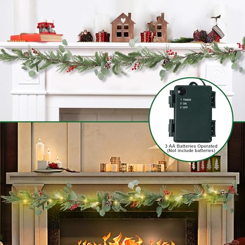 6ft Christmas Garland with Lights - Mantel Decor, Green Conifer, Red Berries & Pine Cones