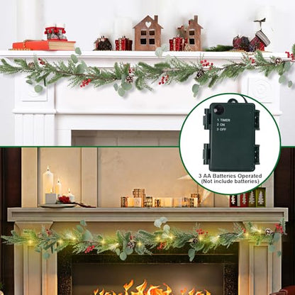 6ft Christmas Garland with Lights - Mantel Decor, Green Conifer, Red Berries & Pine Cones