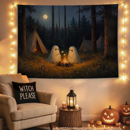 Ghost Camping Tapestry - Moonlit Forest Halloween Wall Decor 50x60in - Camping Variation