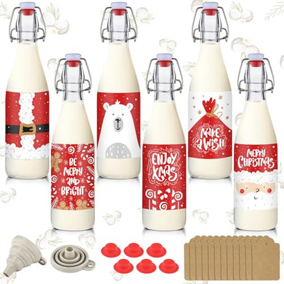 6 Pack Christmas Red Glass Coquito Bottles with Swing Top Cap & Labels