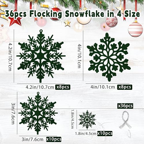 36pcs Dark Green Flocked Christmas Snowflake Ornaments - Hanging Velvet Holiday Decor - Variation: Green