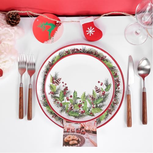 12Pcs Christmas Melamine Dinnerware Set for 4 - Green & Red Garland Style