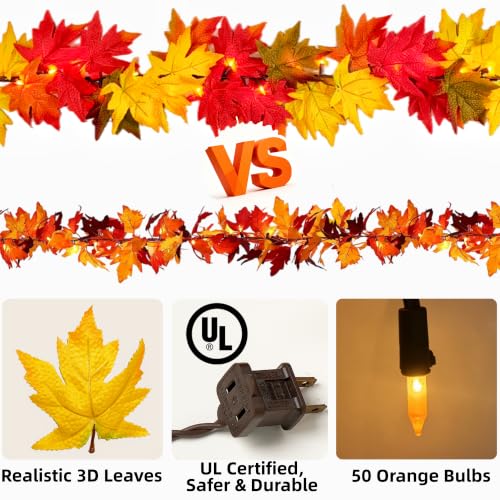 9FT Fall Garland with Lights - Large Maple Leaves & Orange Bulbs for Indoor Outdoor Decor