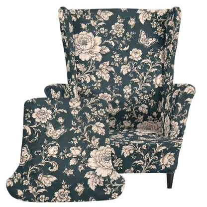 Dark Teal Floral Butterfly Wingback Chair Slipcover with Cushion, 2-Piece Stretch Armchair Cover for Room