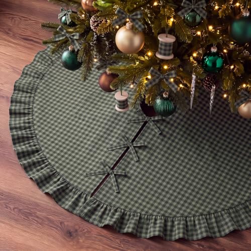 Dark Forest Green Gingham Christmas Tree Skirt with Ruffled Border - 48 Inch, Variation of Forest Green / 48 in