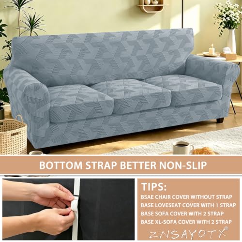 Light Grey 4-Piece Stretch Couch Cover for 72-90 Inch Sofa - Rectangle Pattern, Thick & Washable