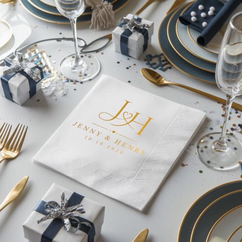 Personalized Wedding Cocktail Napkins - Style 5, Floral Wreath Design, 50 Pack